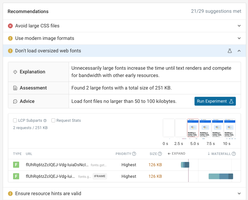 Page speed recommendations based on synthetic data