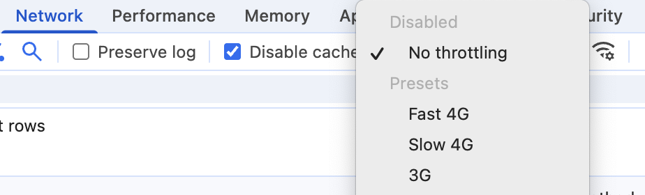 DevTools network throttling UI