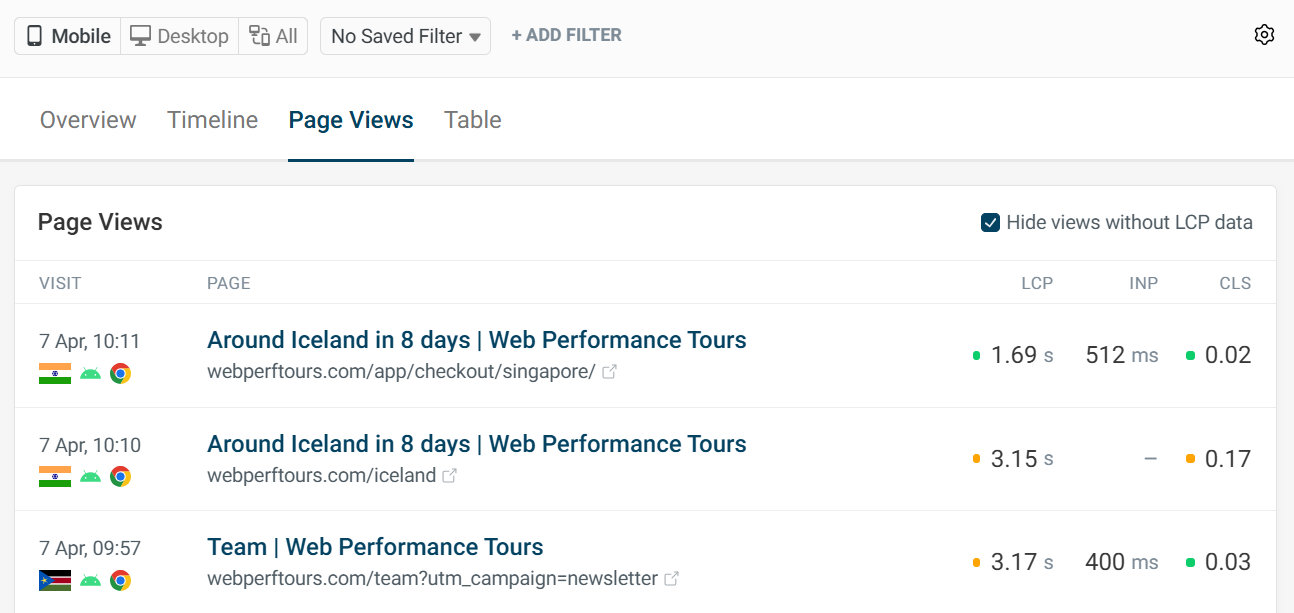 Page view list screenshot