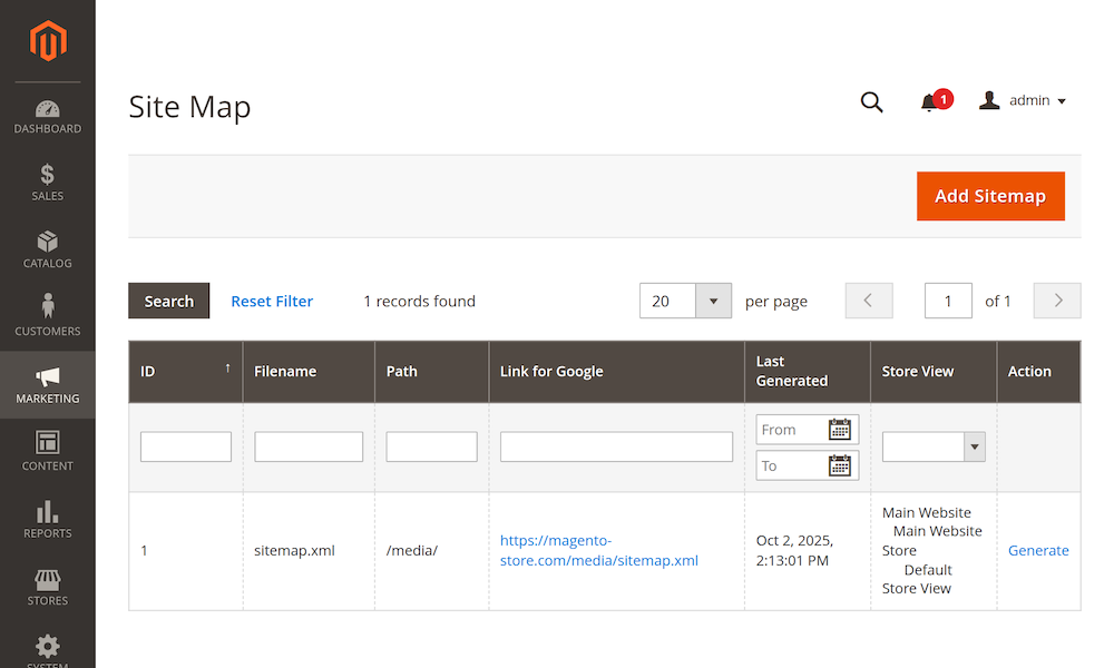Enabling the website sitemap in Magento