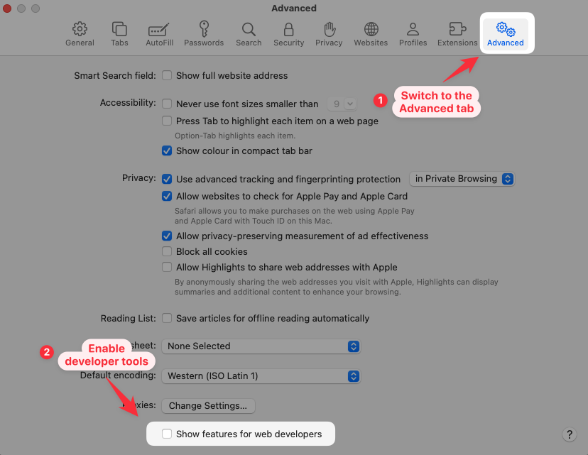 Enabling the Safari Web Inspector in Safari advanced settings