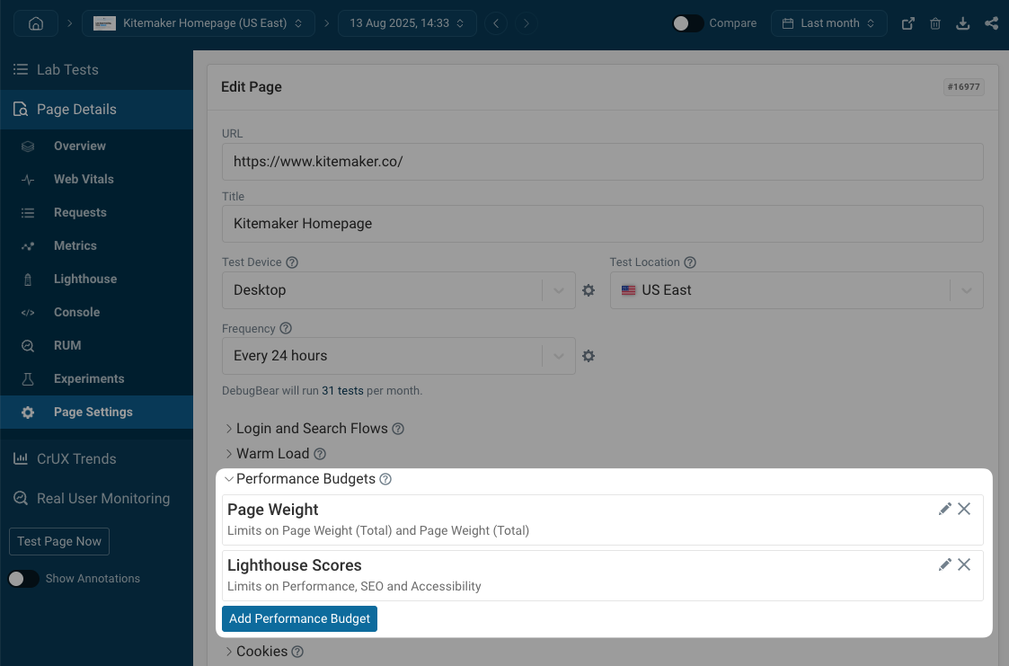 Configuring web performance budgets on DebugBear