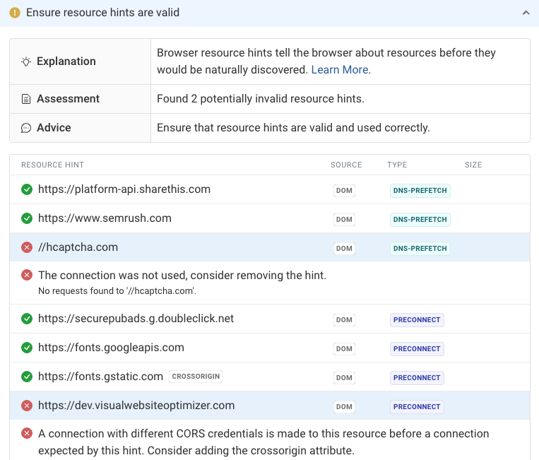 DebugBear resource hint validator