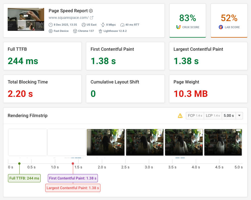 Page speed test result with page weight highlighted