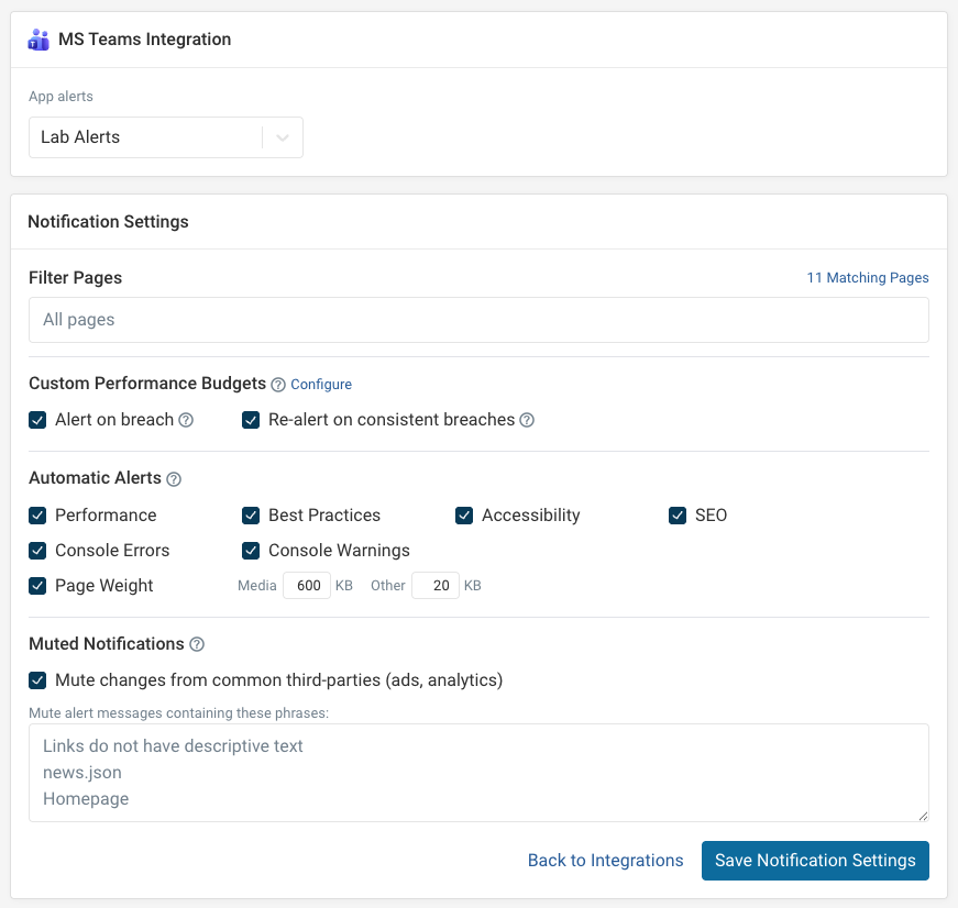 Alert configuration options