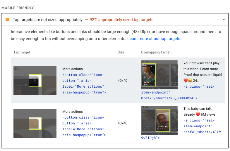 Tap targets audit in the Lighthouse report
