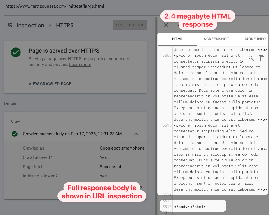 Google Search Console URL inspection result