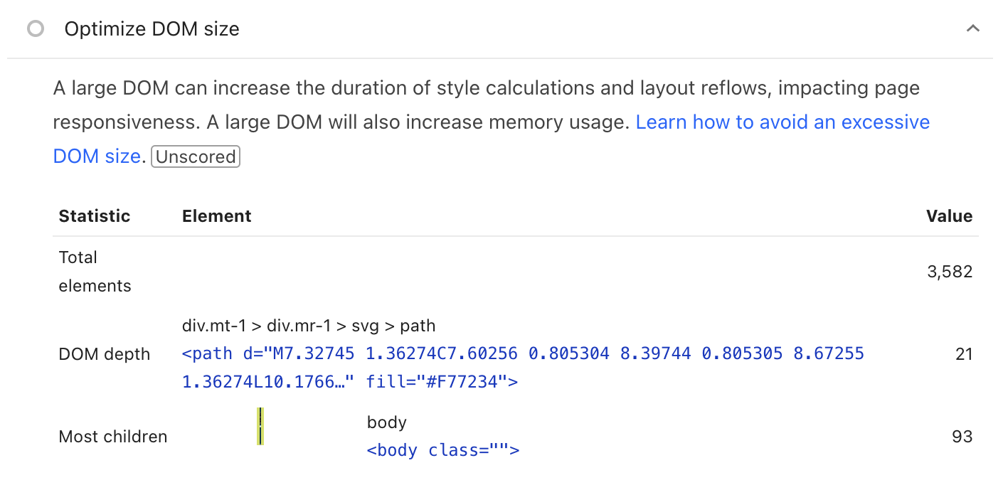 DOM size audit screenshot