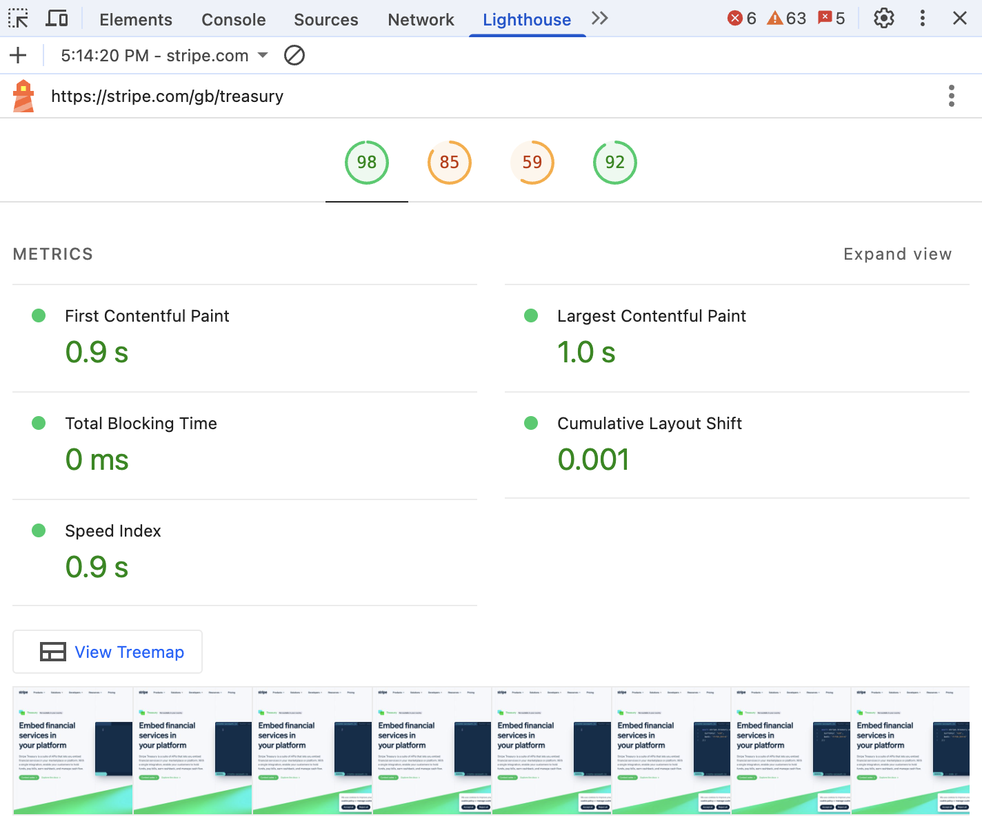 Core Web Vitals score in Lighthouse view Chrome Developer Tools