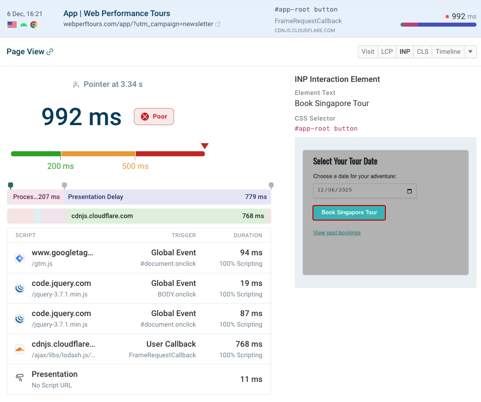 Web vitals attribution data