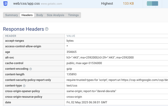 Response headers for a network request