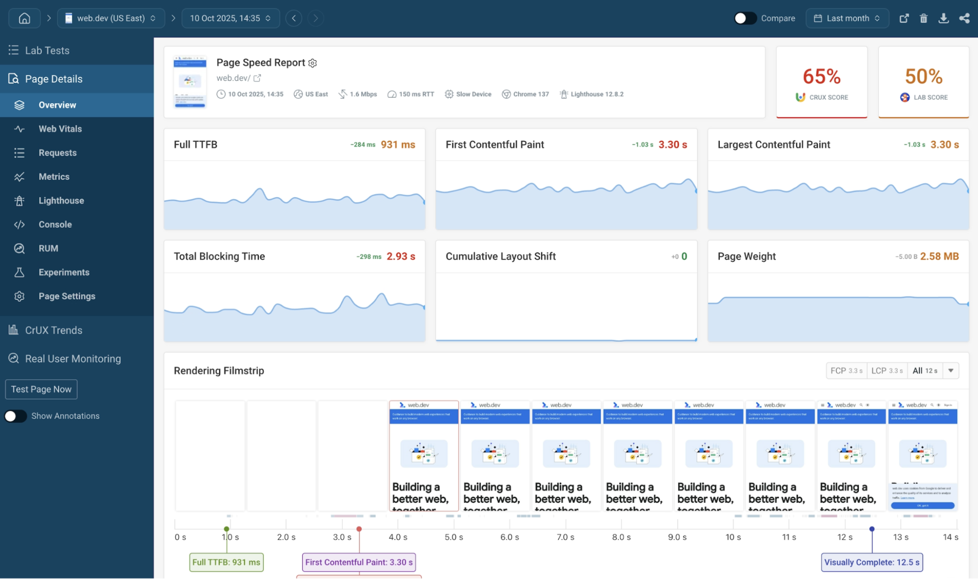 DebugBear website monitoring dashboard