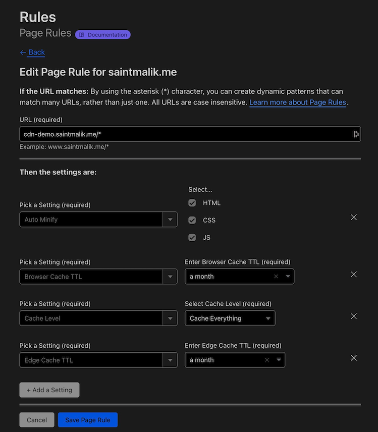 Cloudflare page rules to cache, minify, and set edge cache