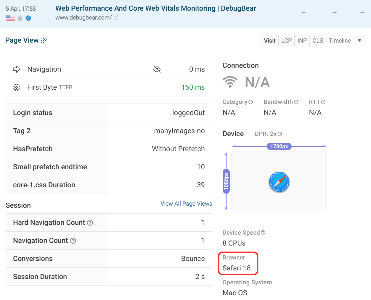 Missing Core Web Vitals data in Safari