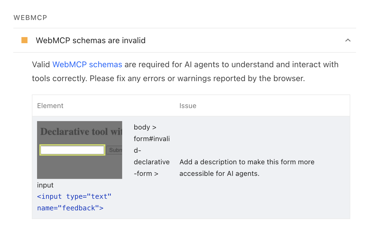 WebMCP form annotation validation result