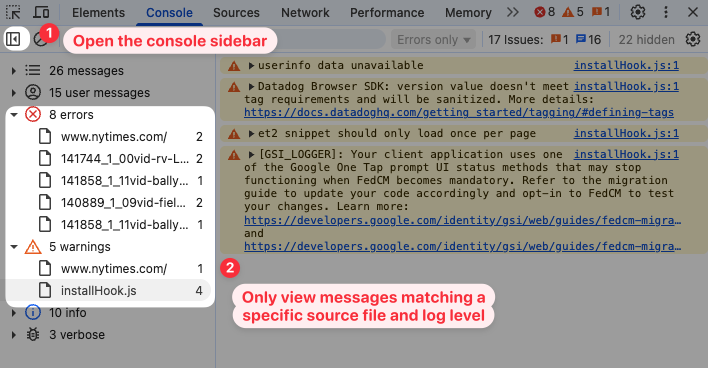 Console sidebar in Chrome DevTools