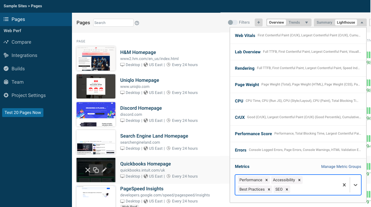 Dashboard View of Metric Groups Menu in Debugbear