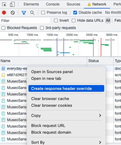 Create response header override in DevTools Network tab