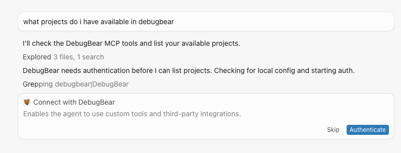 Cursor prompting for DebugBear authentication