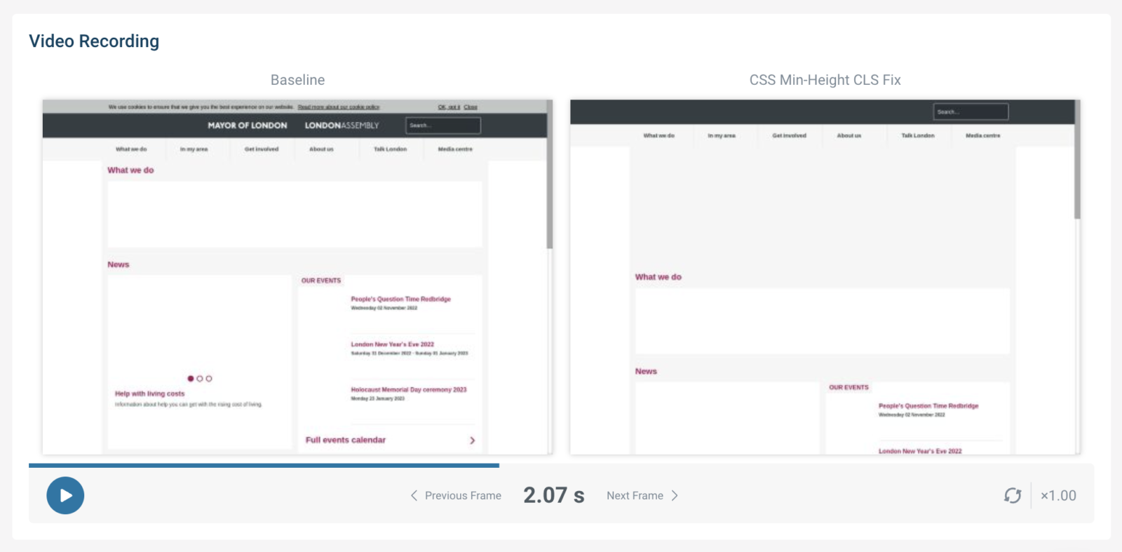 Before and after view of a CLS optimization