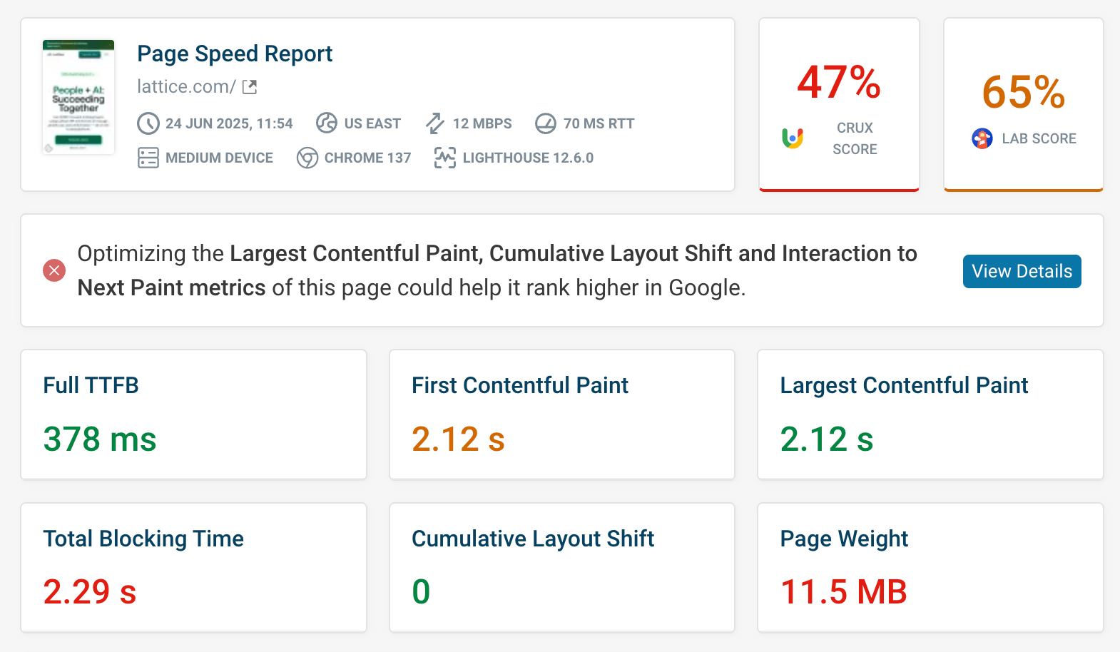 Page speed report showing performance metrics and overall scores.