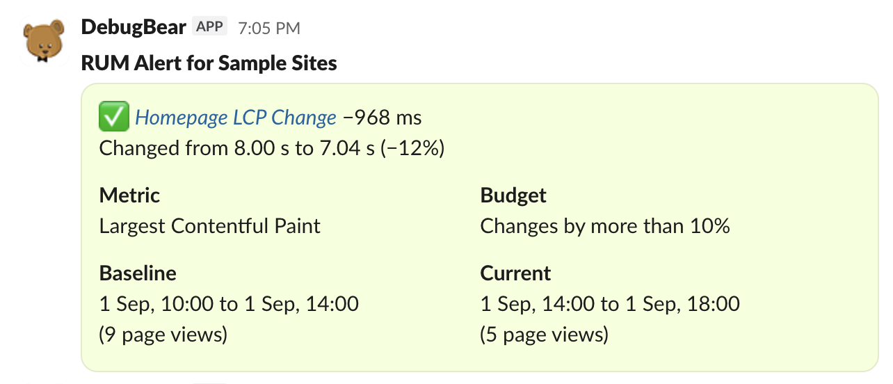 DebugBear Slack alert