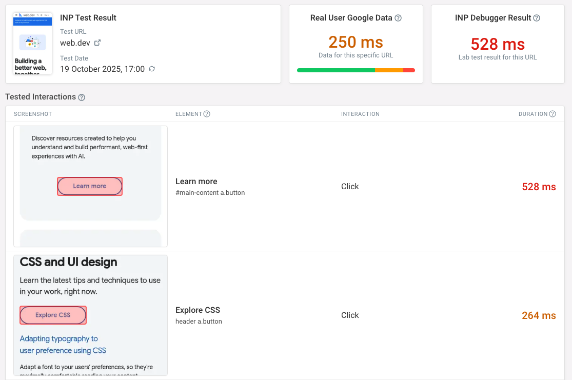 INP debugger test result