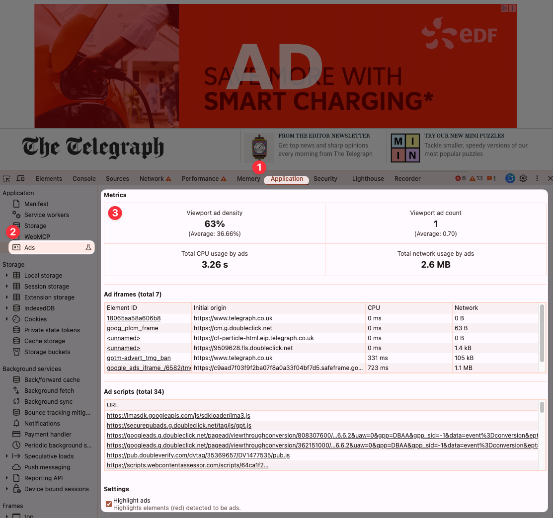 Chrome DevTools ad reporting UI
