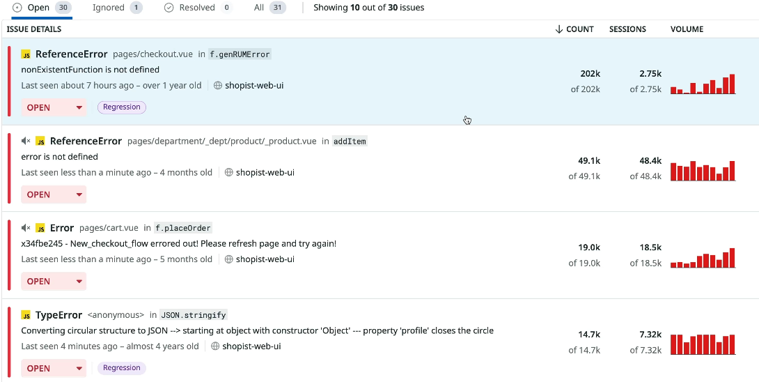 DataDog error reporting
