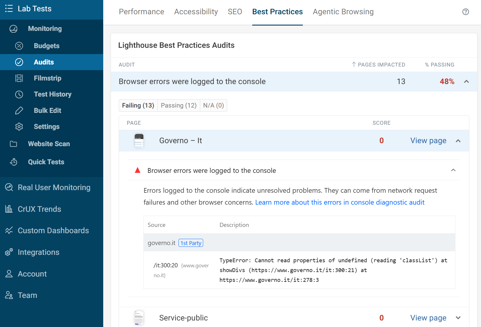 DebugBear aggregate audits