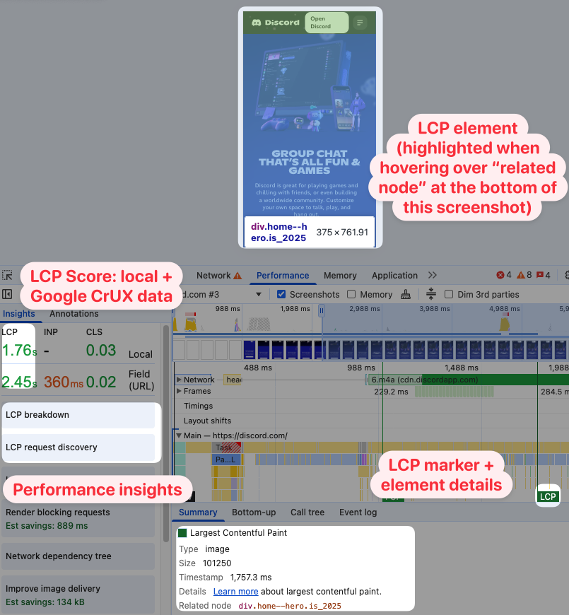 Largest Contentful Paint timing and element in DevTools