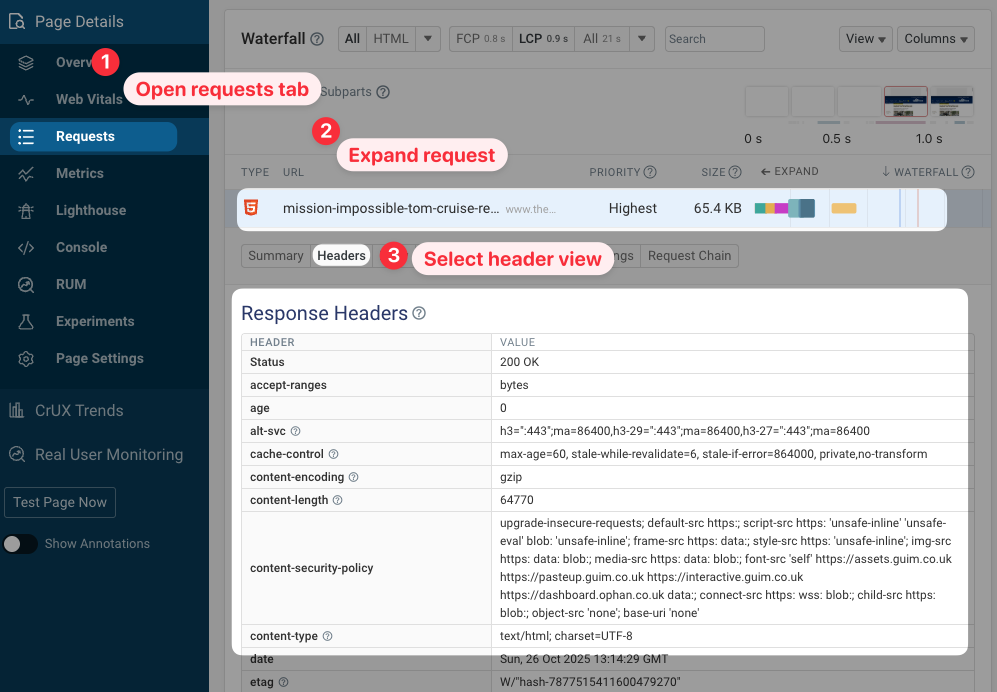 HTTP headers in DebugBear test result