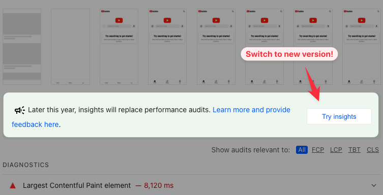 Try Insights button in PageSpeed Insights result