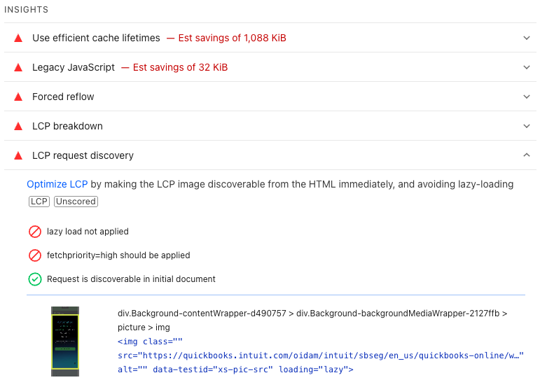 LCP request discovery suggestion on PageSpeed Insights