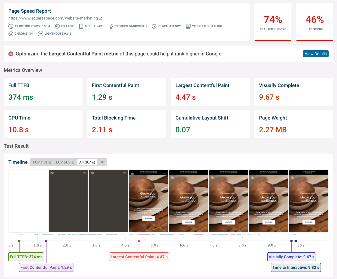 Site speed test result with metrics and rendering filmstrip.