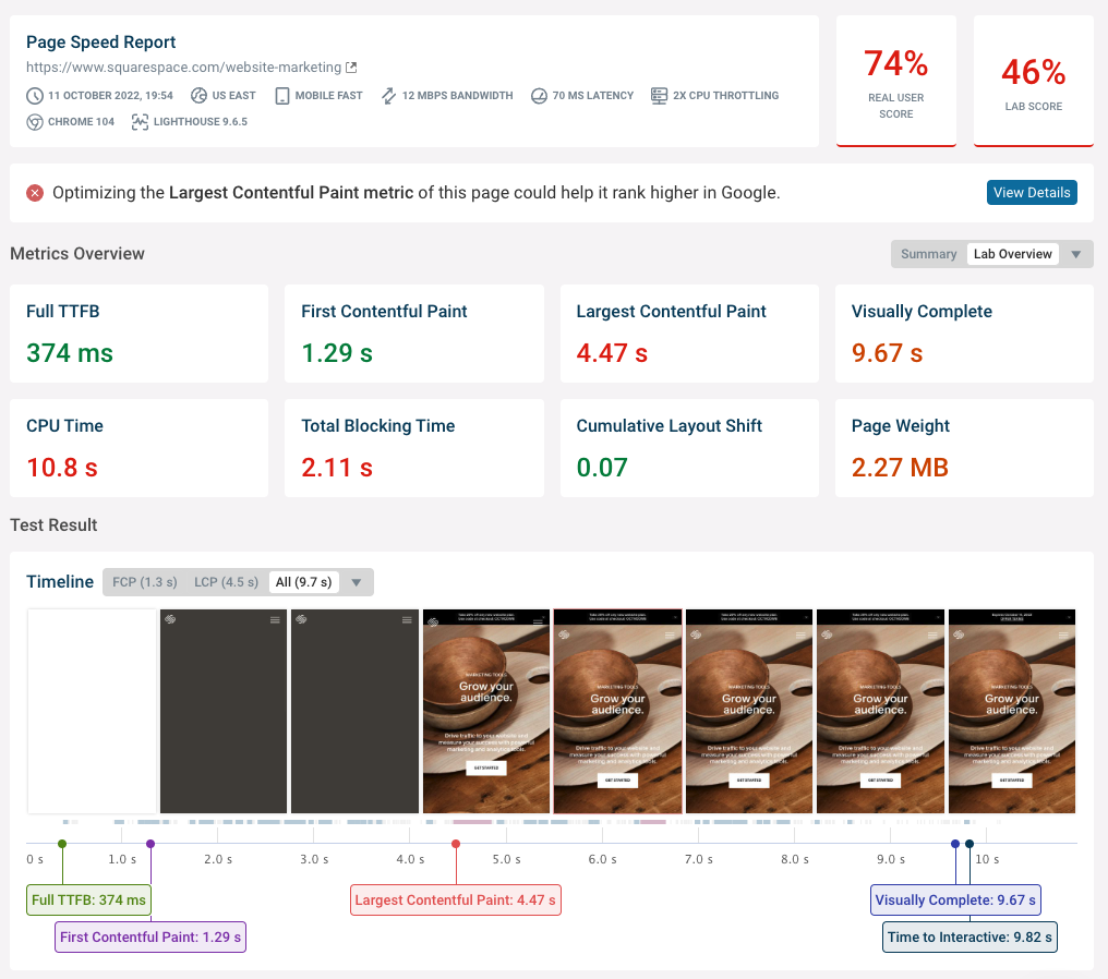 Page speed test result