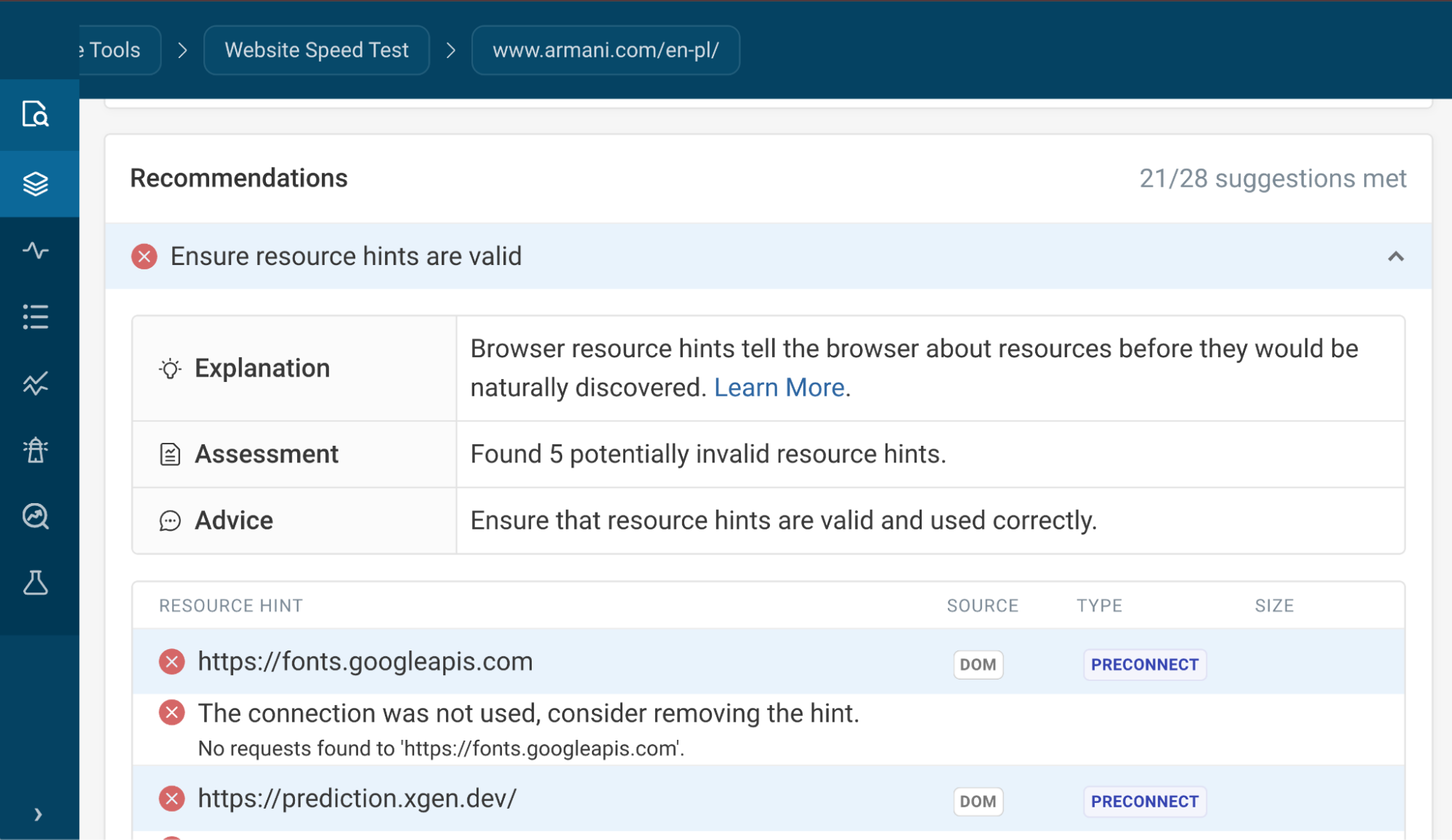 Web performance recommendations
