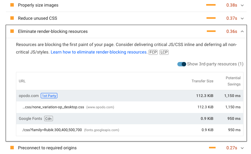 Screenshot of the Lighthouse render blocking resources audi