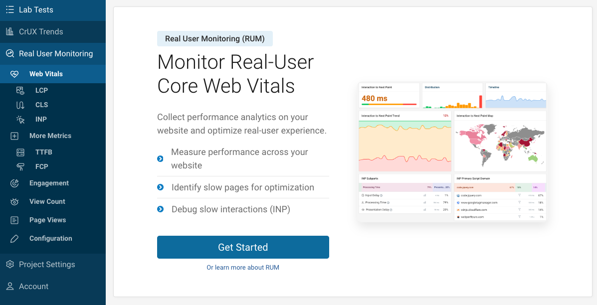 RUM get started button in DebugBear
