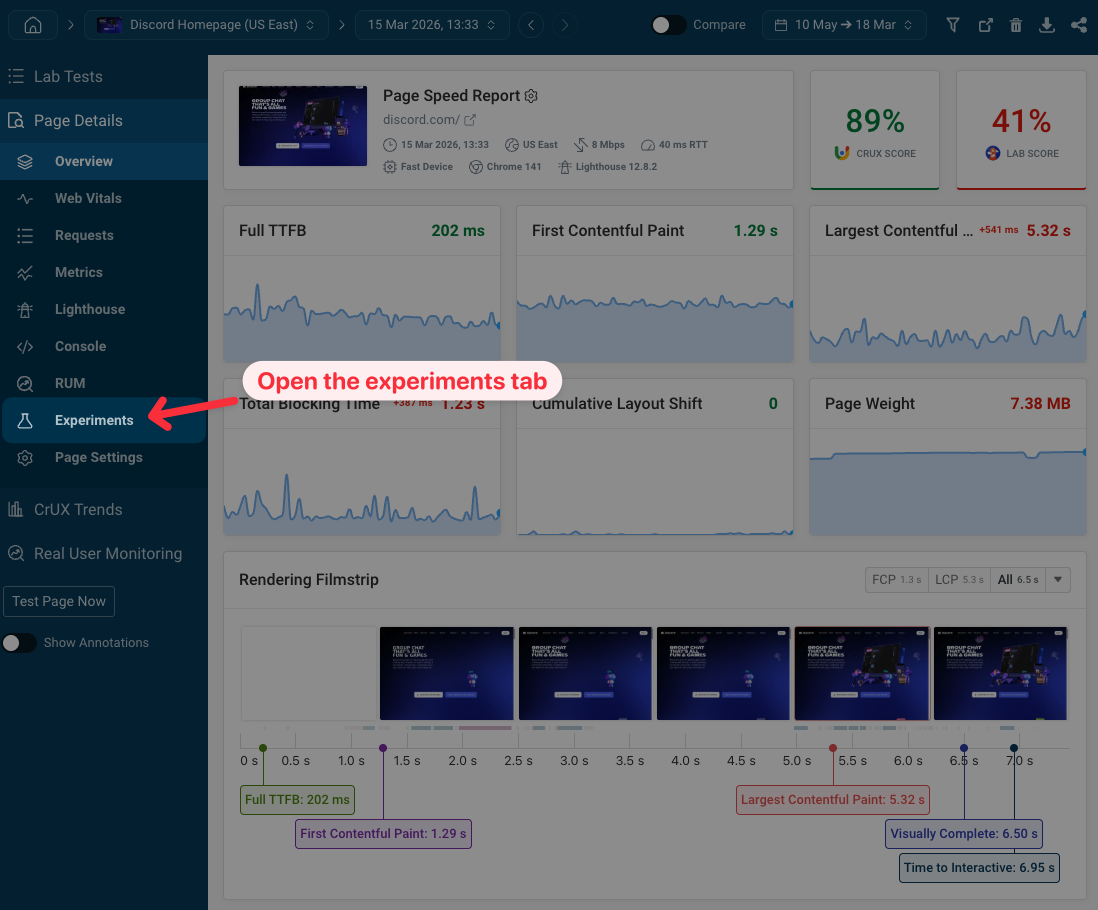 Test result with experiments tab