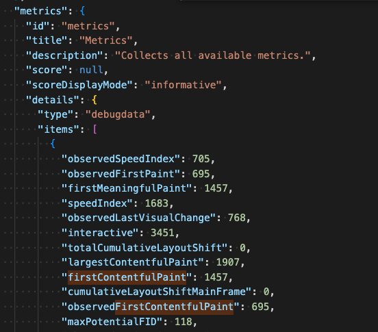 Observed FCP in Lighthouse metrics, 695ms for observed and 1475 for simulated