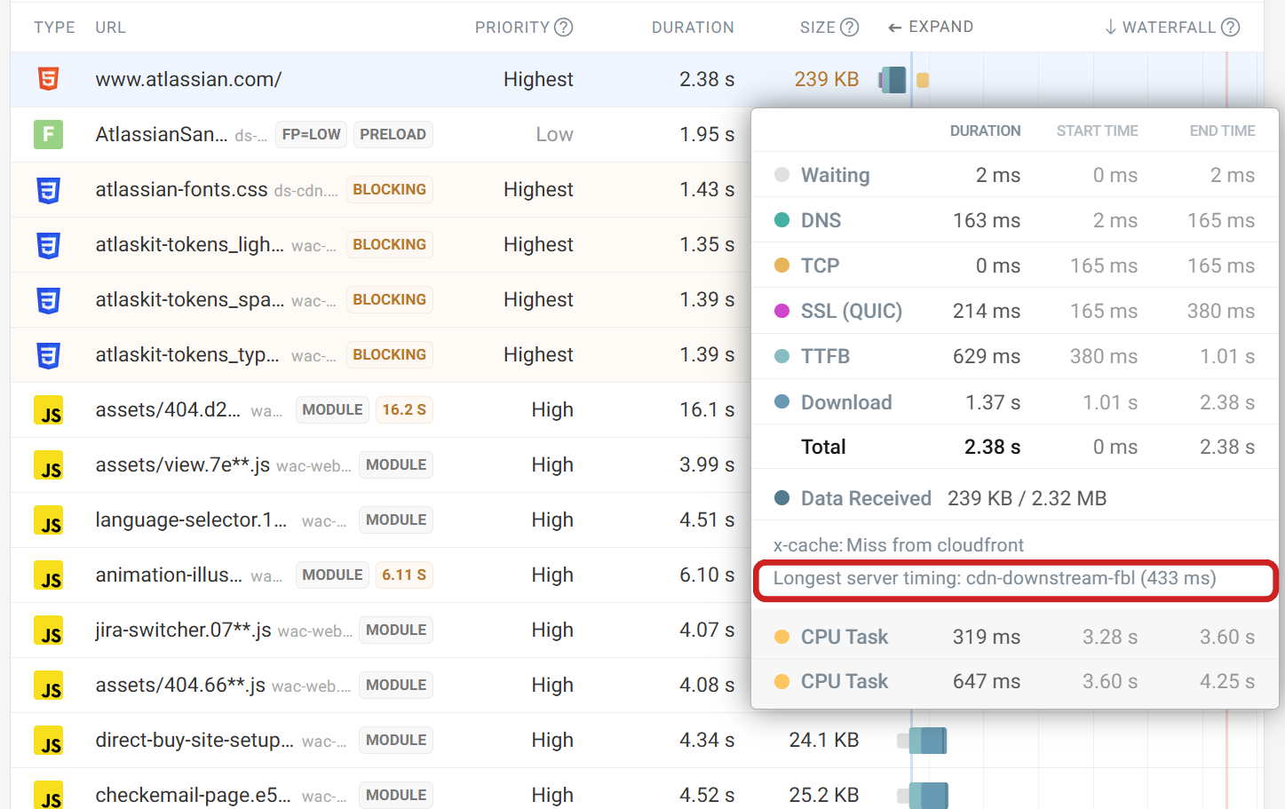 Server Timings in DebugBear request waterfall