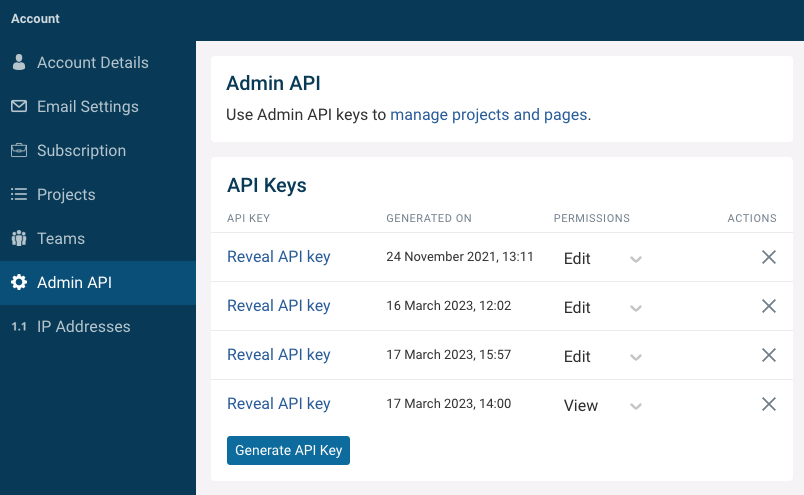 Admin API tab in account settings