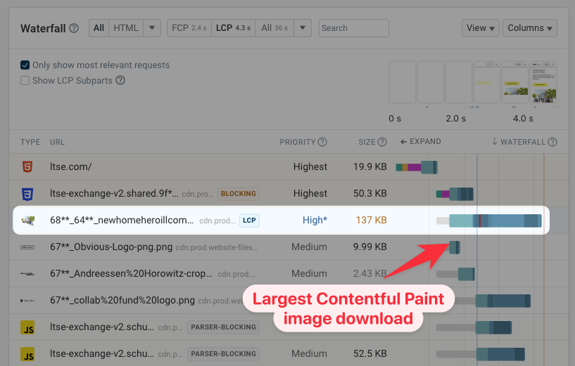 Example LCP element in DebugBear's request waterfall