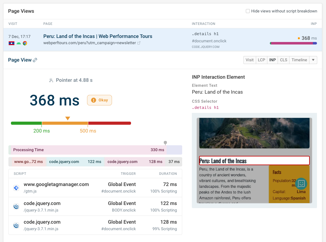 DebugBear RUM page view