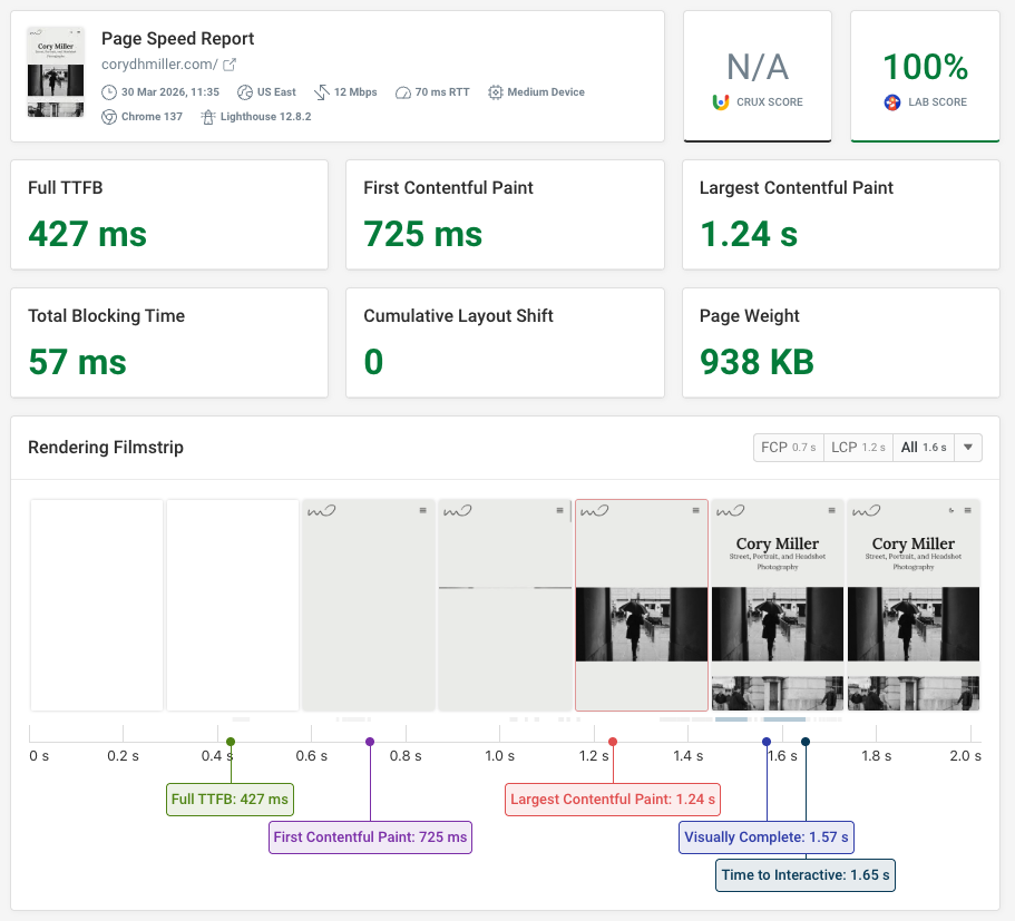 A screenshot of the overview page from DebugBear's website speed test tool.