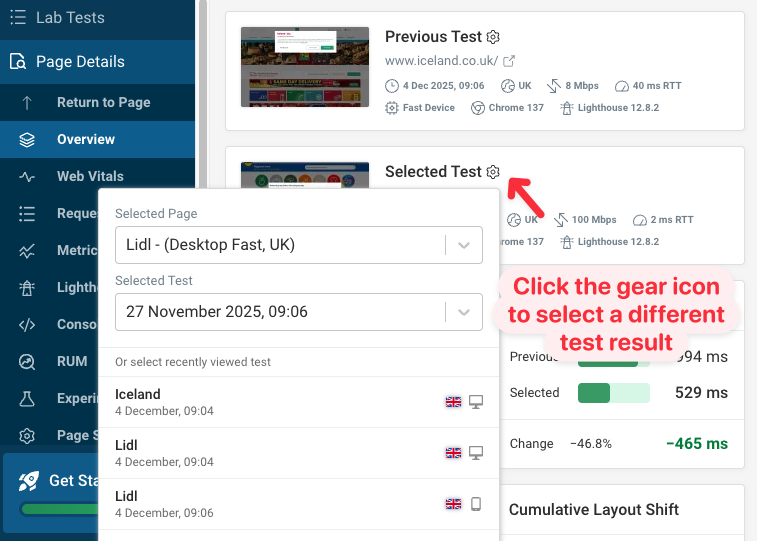 View of selected tests and gear dropdown for changing it