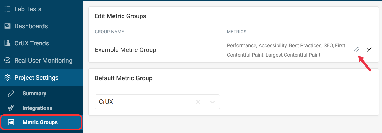 Sidebar Menu and List of Metric Groups in DebugBear
