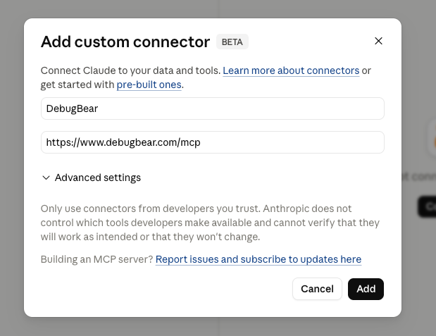 Custom MCP connector form