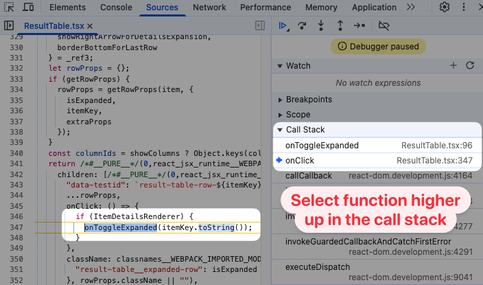 Selecting a frame in the call stack
